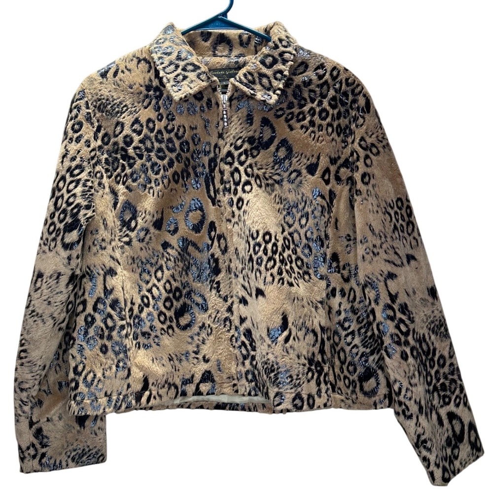 Jackets Galore Y2K Leopard‎ Print Faux Fur Zip Up Jacket Rhinestone Pull Size L